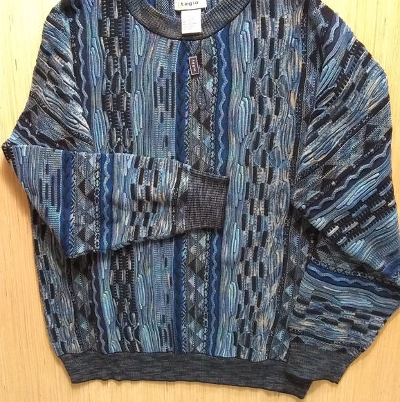 Tagio Sweater Men S Vtg Pullover Long Slv Crew Ribbed Blue Multi Cotton Blnd NWT - Picture 1 of 8